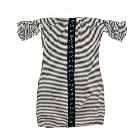 Punk Pinstripe Hook and Eye Off Shoulder Bodycon Mini Dress GBG - Picture 10 of 10